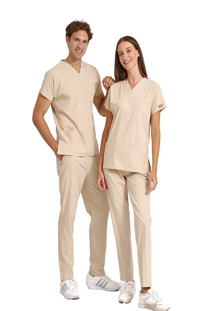 Bej Likralı Doktor Ve Hemşire Forması Unisex Cerrahi Takım