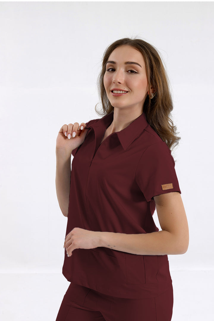 MEDİNİLLA Tek Üst Yandan Cepli Gizli Fermuar Polo Yaka Doktor/Hemşire Cerrahi Forma Bordo