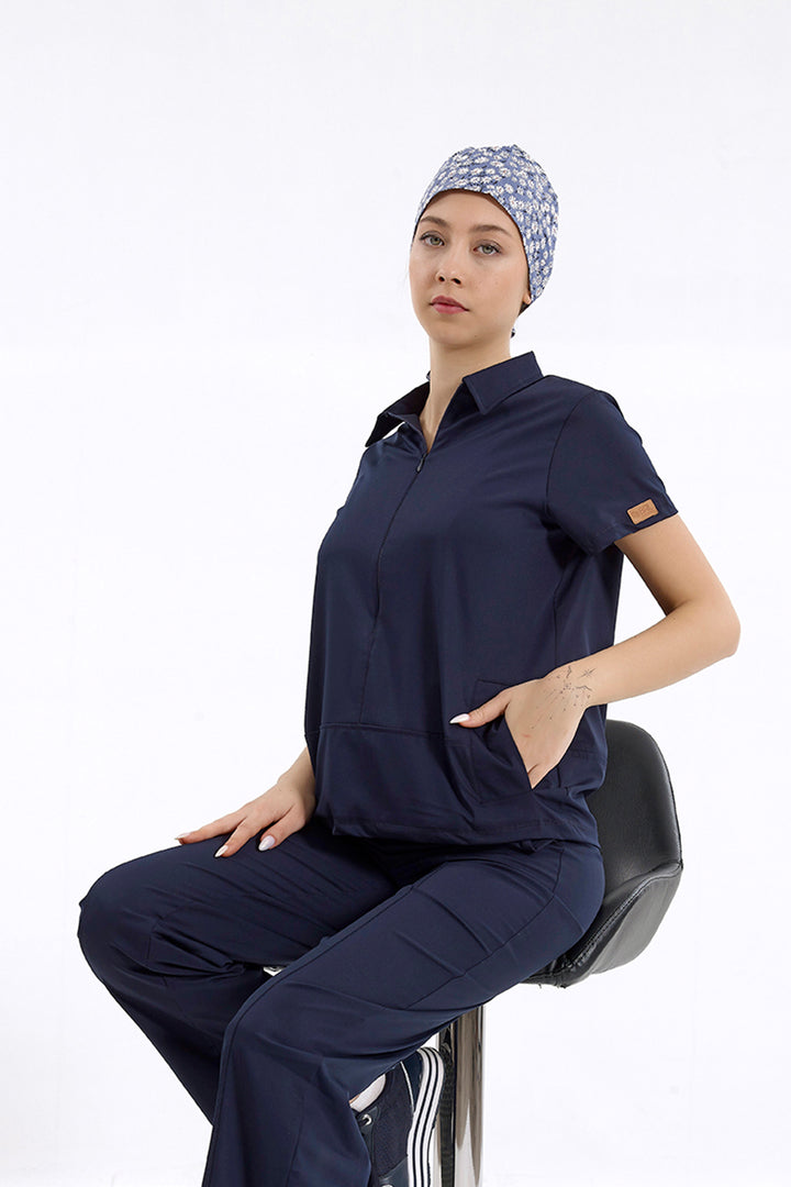 MEDİNİLLA Tek Üst Yandan Cepli Gizli Fermuar Polo Yaka Doktor/Hemşire Cerrahi Forma Lacivert
