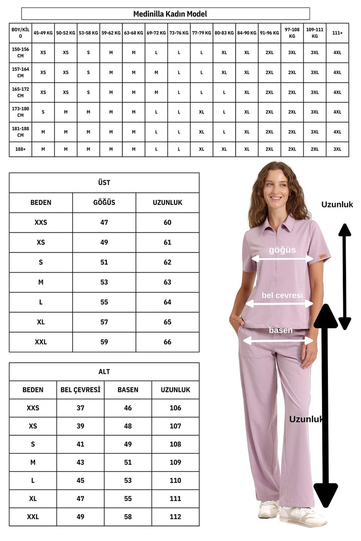 MEDİNİLLA Tek Üst Yandan Cepli Gizli Fermuar Polo Yaka Doktor/Hemşire Cerrahi Forma Açık Lacivert