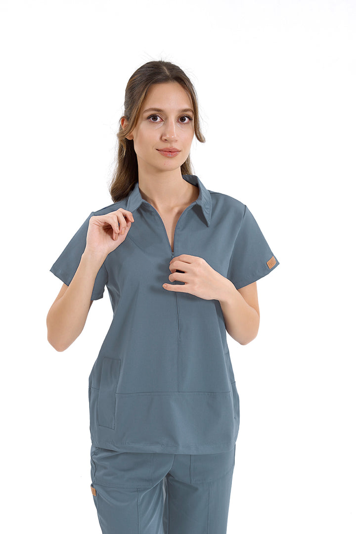 MEDİNİLLA Tek Üst Yandan Cepli Gizli Fermuar Polo Yaka Doktor/Hemşire Cerrahi Forma Goblin Mavi