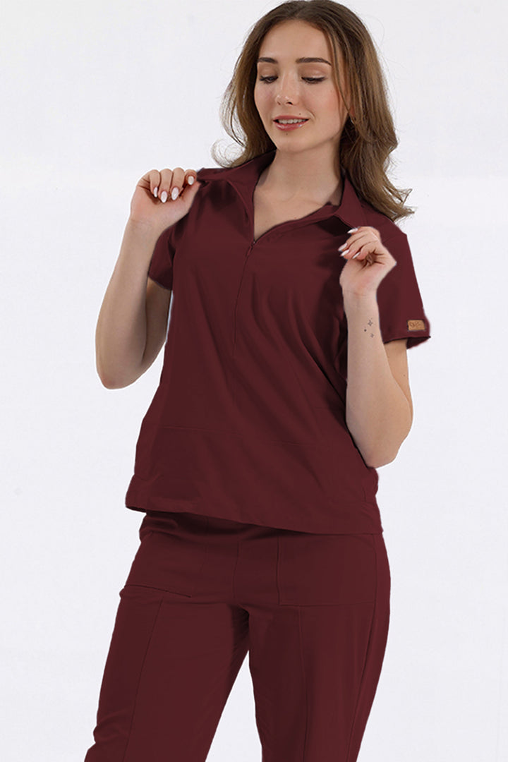 MEDİNİLLA Tek Üst Yandan Cepli Gizli Fermuar Polo Yaka Doktor/Hemşire Cerrahi Forma Bordo