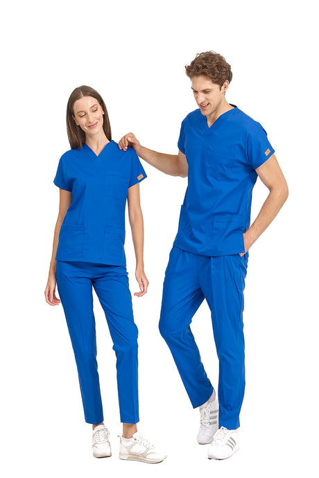 Saks Mavi Likralı Doktor Ve Hemşire Forması Unisex Cerrahi Takım