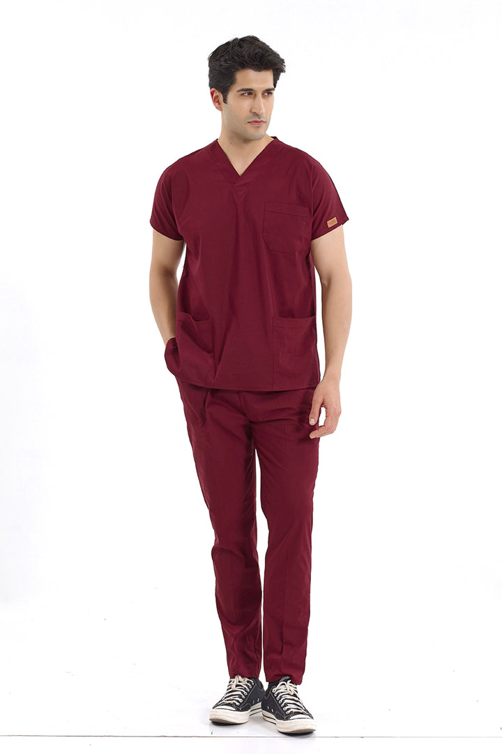 Bordo Likralı Doktor Ve Hemşire Forması Unisex Cerrahi Takım