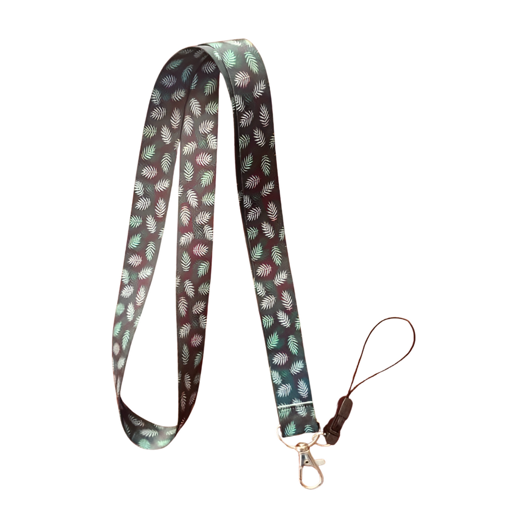 Lacivert Zemin Yeşil Yapraklar Desenli Boyun Askı ipi Ve Telefon Askısı (Kartlık Ücretsiz)