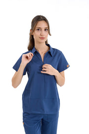 MEDİNİLLA Tek Üst Yandan Cepli Gizli Fermuar Polo Yaka Doktor/Hemşire Cerrahi Forma Açık Lacivert
