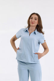 MEDİNİLLA Tek Üst Yandan Cepli Gizli Fermuar Polo Yaka Doktor/Hemşire Cerrahi Forma Bebe Mavi