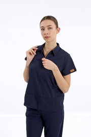 MEDİNİLLA Tek Üst Yandan Cepli Gizli Fermuar Polo Yaka Doktor/Hemşire Cerrahi Forma Lacivert