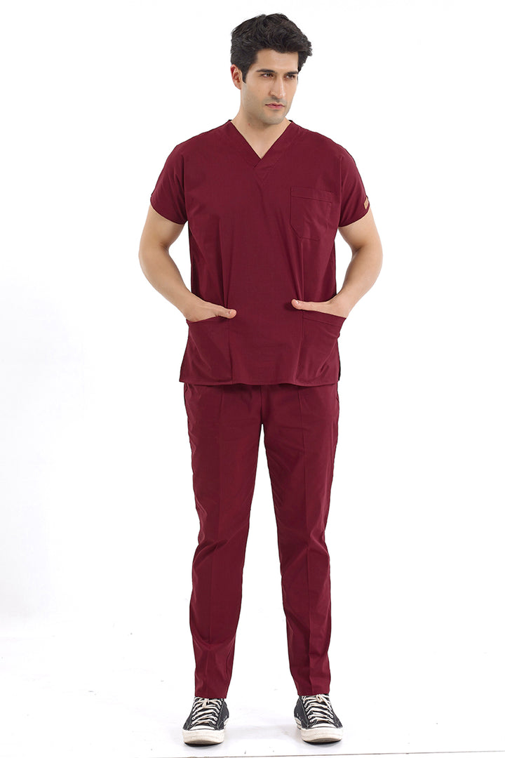 Bordo Likralı Doktor Ve Hemşire Forması Unisex Cerrahi Takım