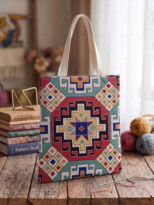 Anatolia etnik kilim ve geometrik desenli krem kulplu kalın goblen dokuma nöbet ve omuz çantası