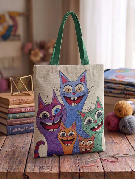 Crazy Cats neşeli ve komik kedi figürlü yeşil kulplu kalın goblen dokuma nöbet ve omuz çantası