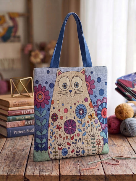 Flora Cat çiçek bahçesi ve kedi desenli mavi kulplu kalın goblen dokuma nöbet ve omuz çantası