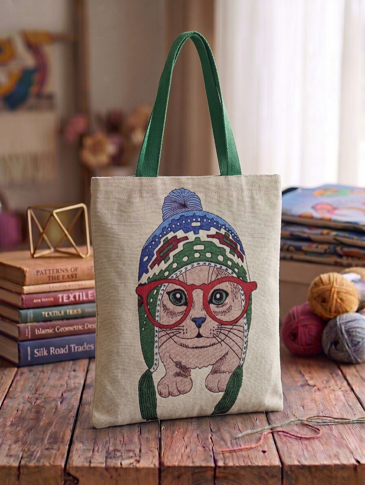 Hipster Cat kırmızı gözlüklü ve bereli kedi desenli yeşil kulplu kalın goblen dokuma nöbet ve omuz çantası