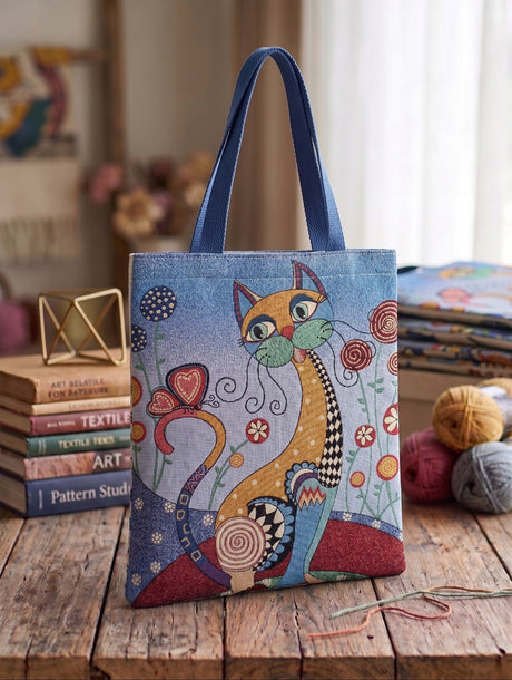 Rosina Cat bahar çiçekleri ve sanatsal kedi desenli mavi kulplu kalın goblen dokuma nöbet ve omuz çantası