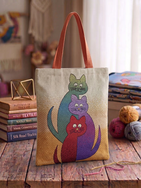 Trio Cats sevimli üçlü kedi desenli turuncu kulplu kalın goblen dokuma nöbet ve omuz çantası